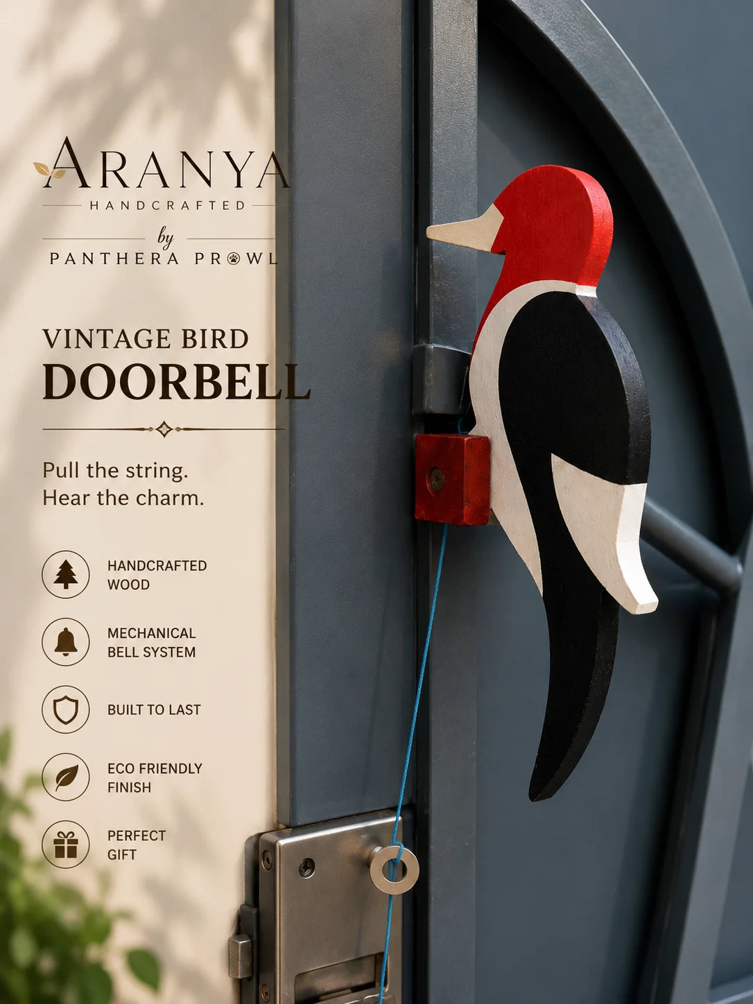 Vintage Bird Mechanical Doorbell - Handcrafted Wood